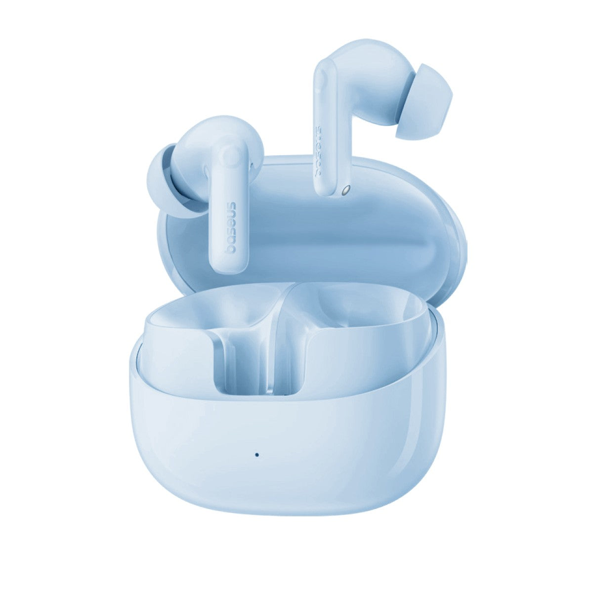 Light blue wireless earbuds in an open matching charging case, shown on a clean white background.