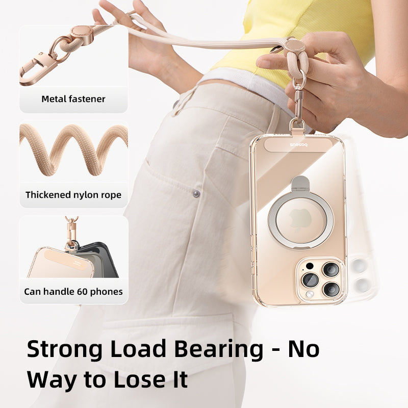 Phone case with metal fastener and thickened nylon rope, held by a person.