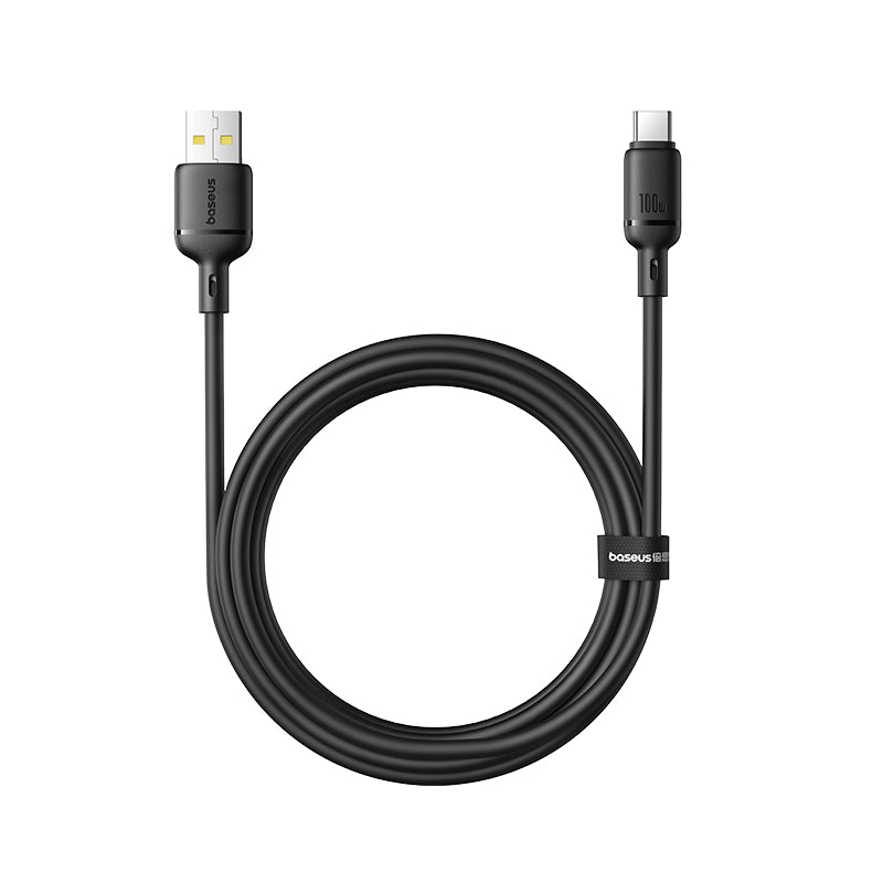 Black USB cable with connectors on a white background