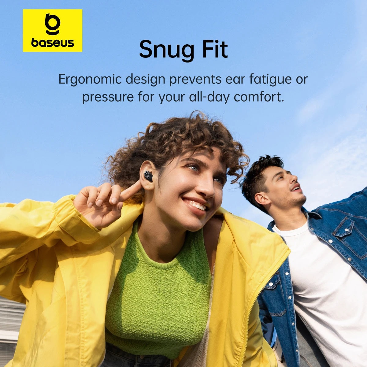Two people outdoors with earbuds, promoting 'Snug Fit' by Baseus.