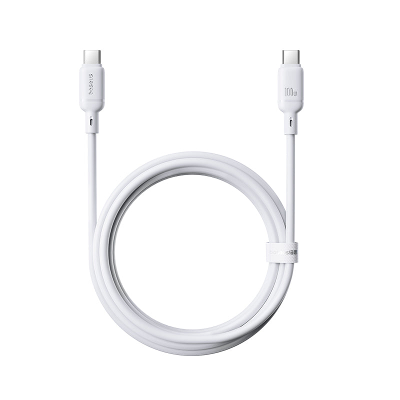 A white USB-C to USB-C cable coiled in a loop, shown against a solid white background. The brand name 'MOKU' is visible on both connector housings.