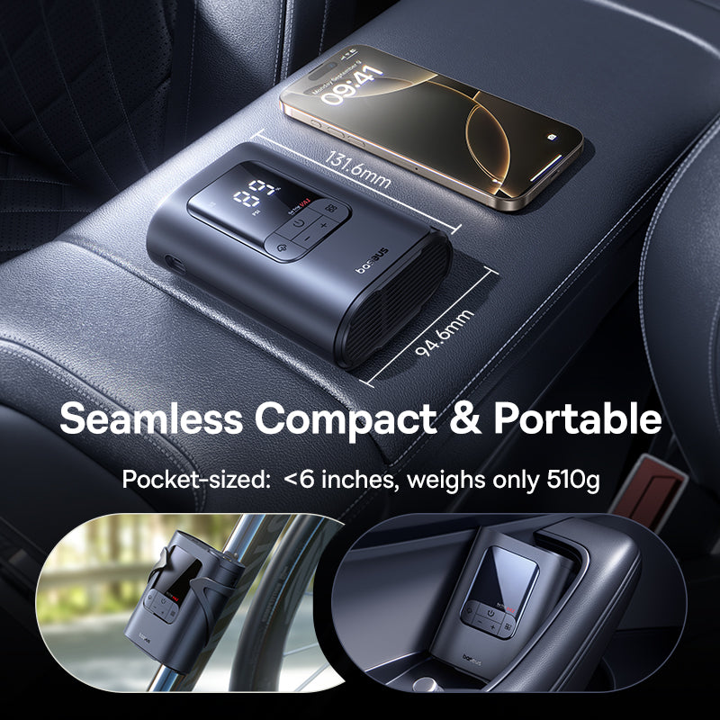 Baseus portable tyre inflator with three air nozzle attachments