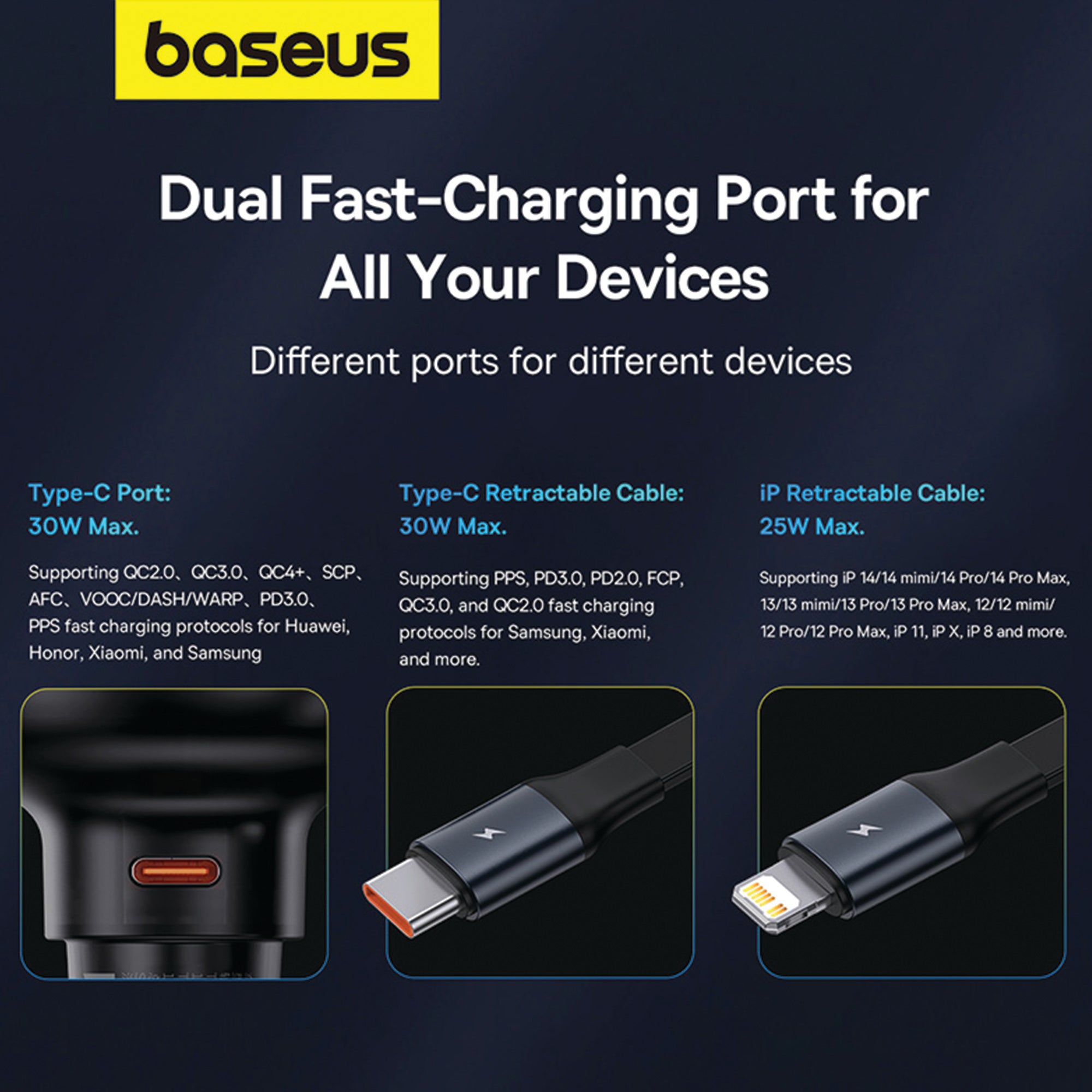 Baseus Enjoyment Pro Car Charger C+Retractable C & iP Cable 60W