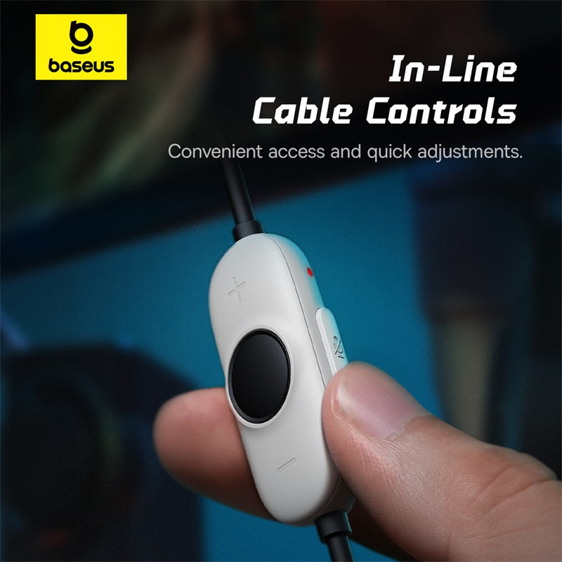 Hand holding a small electronic device with 'baseus' branding and text about in-line cable controls.