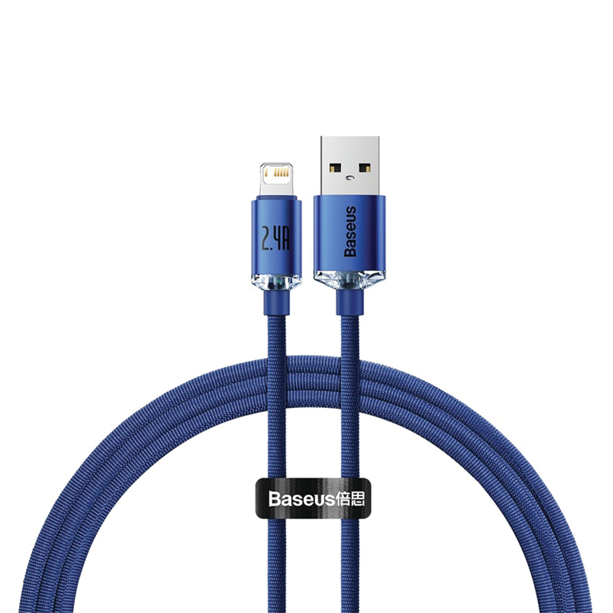 A blue braided USB-A to Lightning cable with a black Baseus label, shown on a clean white background.