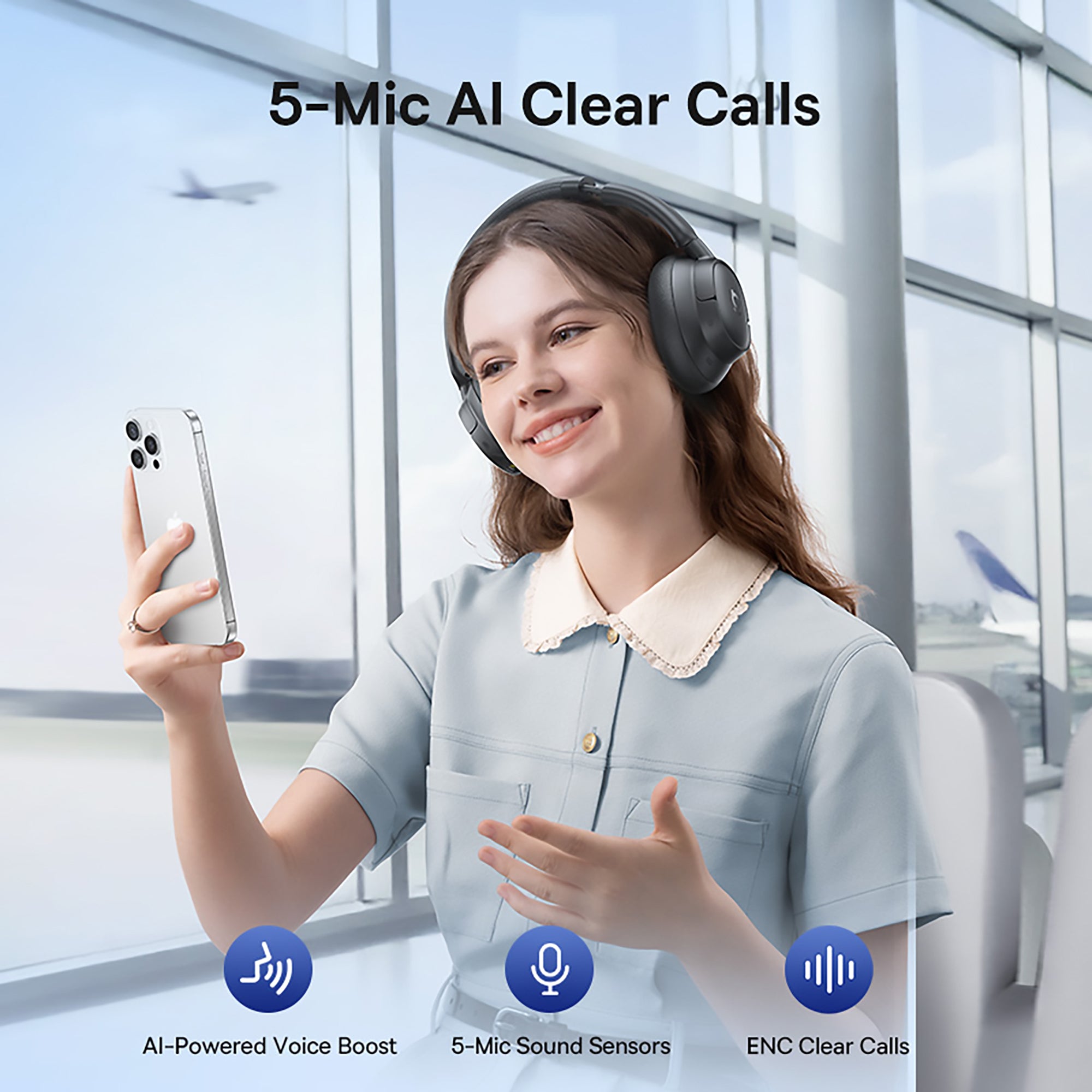 Woman wearing headphones and holding a phone with '5-Mic AI Clear Calls' text and icons.