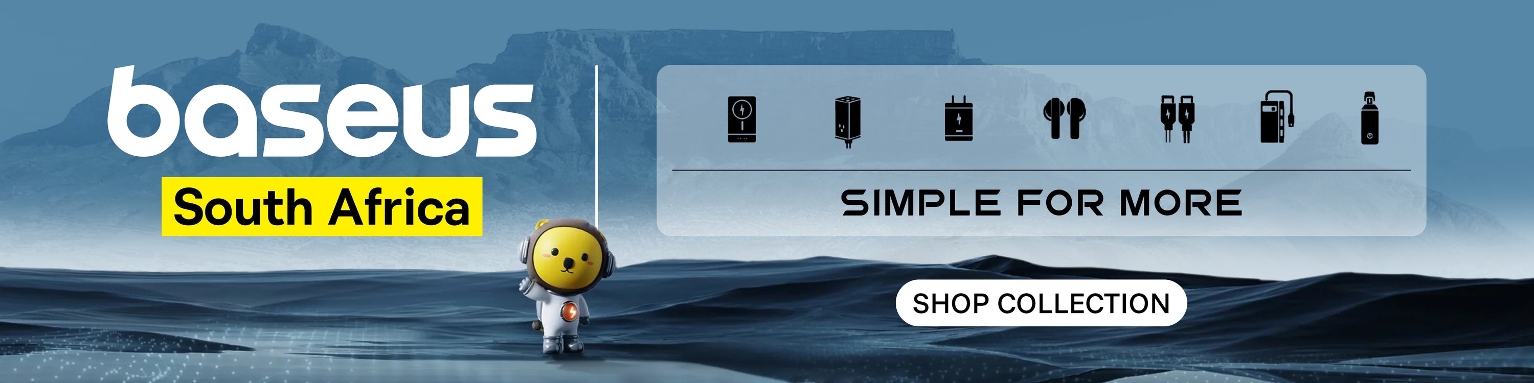 Baseus South Africa promotional banner with product lineup and call to action.