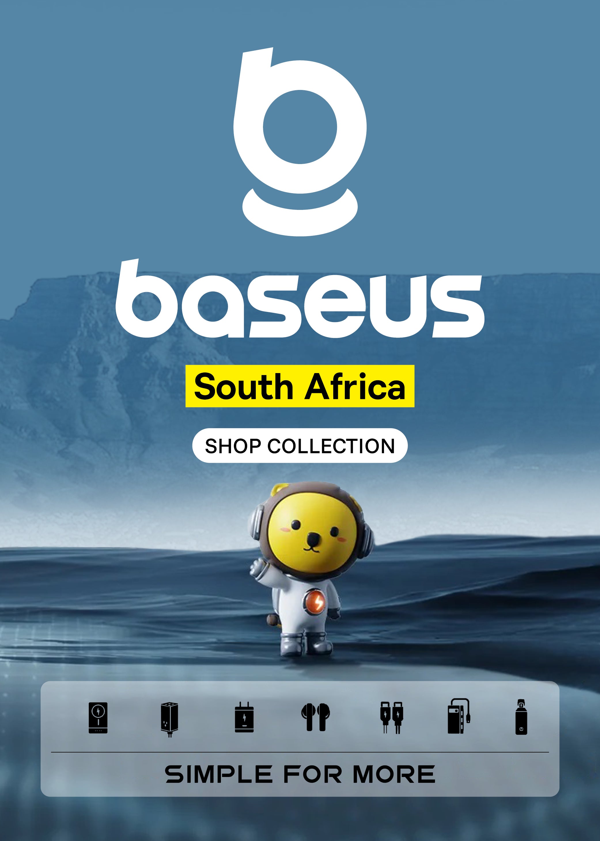 Baseus South Africa shop collection with a cartoon character in space gear on a blue background