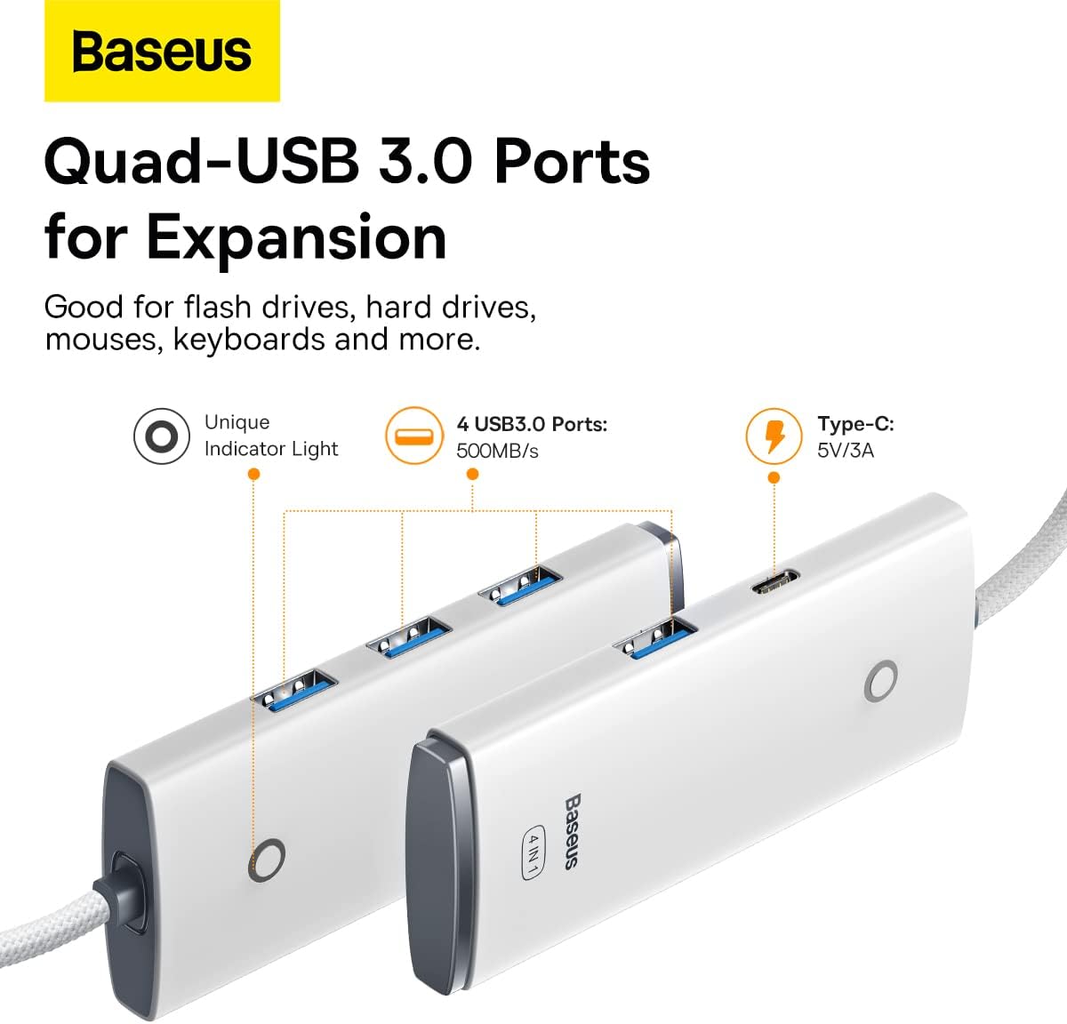 Baseus Lite Series 4-Port USB-A HUB Adapter (USB-A to USB-A 3.0 x4) - 25cm White 4