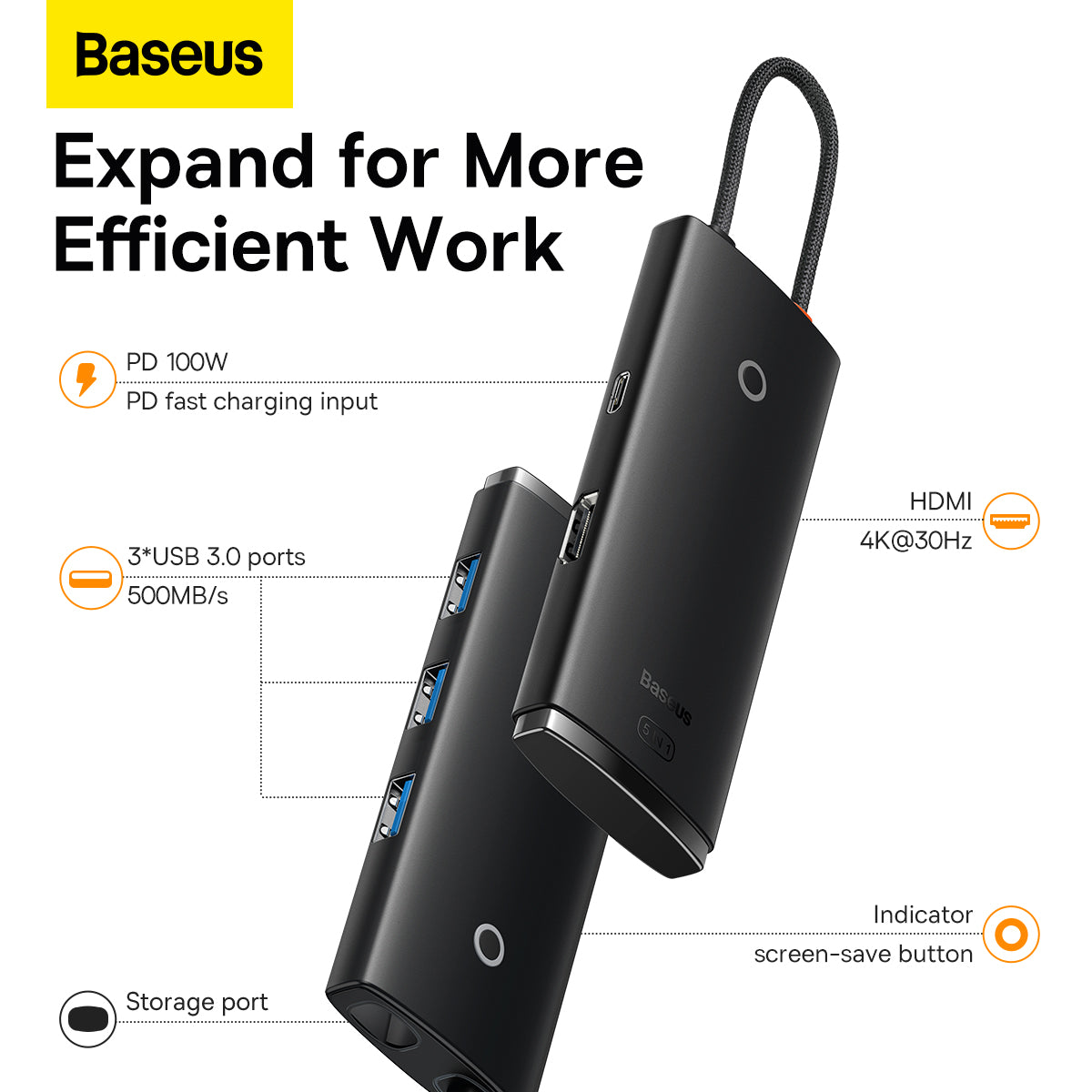 Baseus Lite Series 5-Port Type-C HUB Docking Station - Black 4