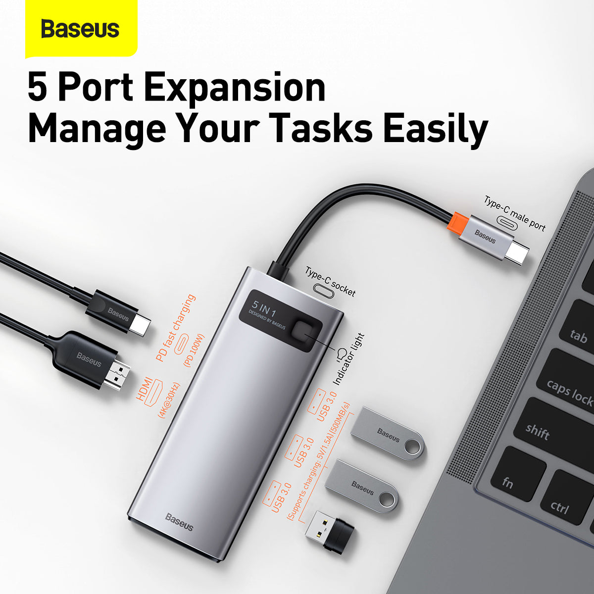 Baseus Metal Gleam Series 5-in-1 Multifunctional Type-C HUB Docking Station Silver 4