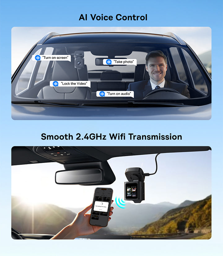 Car rearview mirror with AI voice control and 2.4GHz Wi-Fi transmission features.