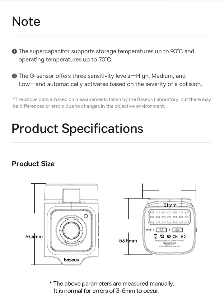 Product specifications and dimensions of a device with 'baseus' branding on a white background.