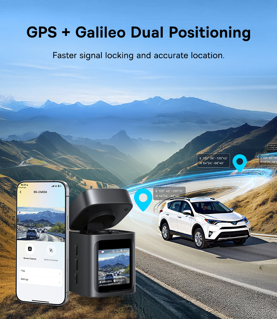 Car dashboard camera with GPS and Galileo dual positioning technology, shown with a scenic road background.