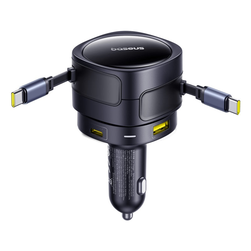 Black car charger with multiple ports on a white background