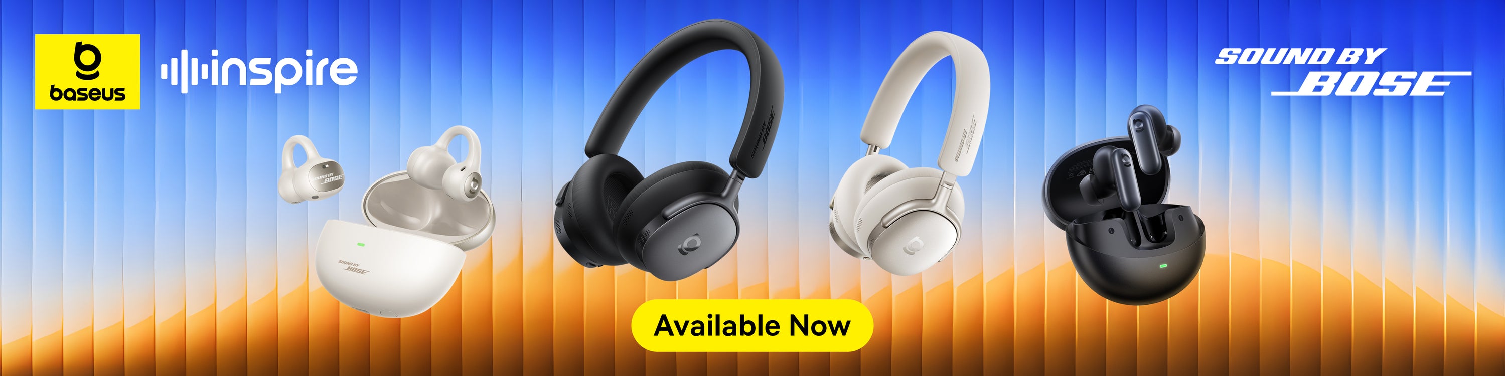 Bose headphones and earbuds with 'Inspire' and 'Sound by Bose' branding on a gradient background.