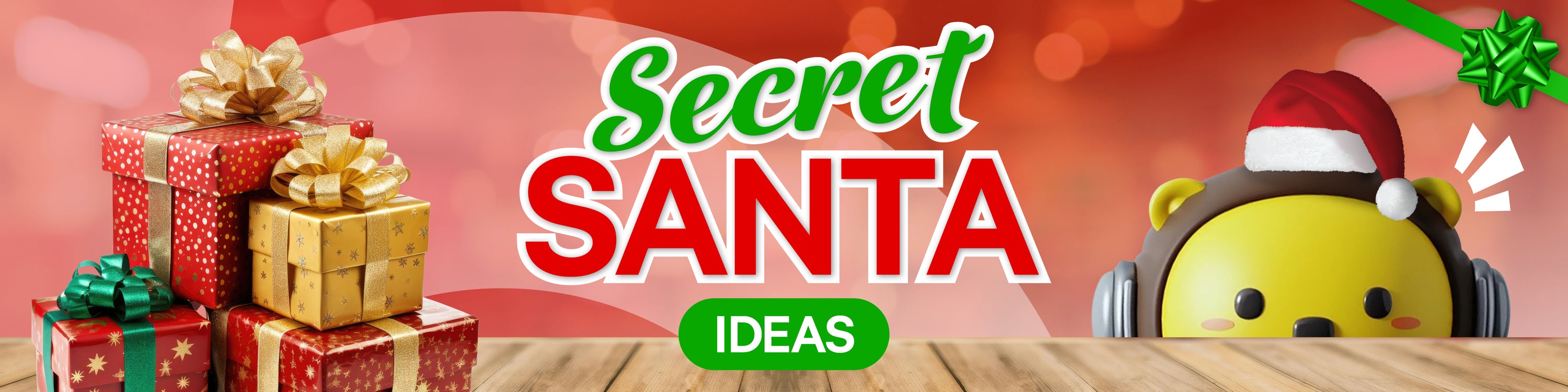 Secret Santa ideas banner with presents and a bear wearing a Santa hat on a wooden surface.