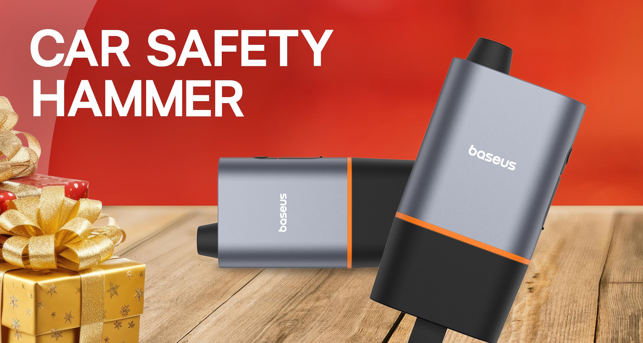 Car safety hammer with baseus branding on a wooden surface with gift boxes and a red background.