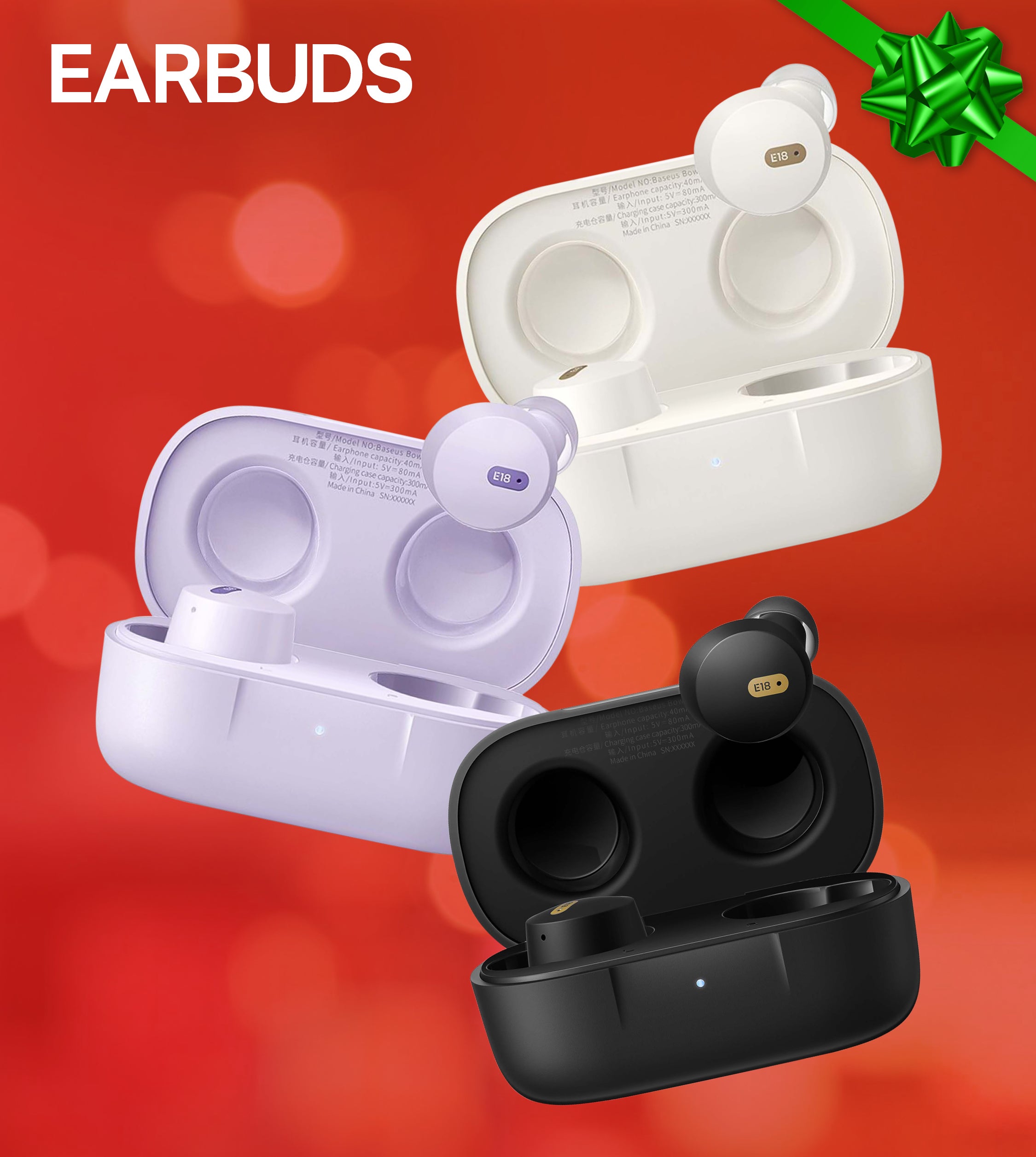 Three pairs of wireless earbuds in open cases on a red background with 'EARBUDS' text.