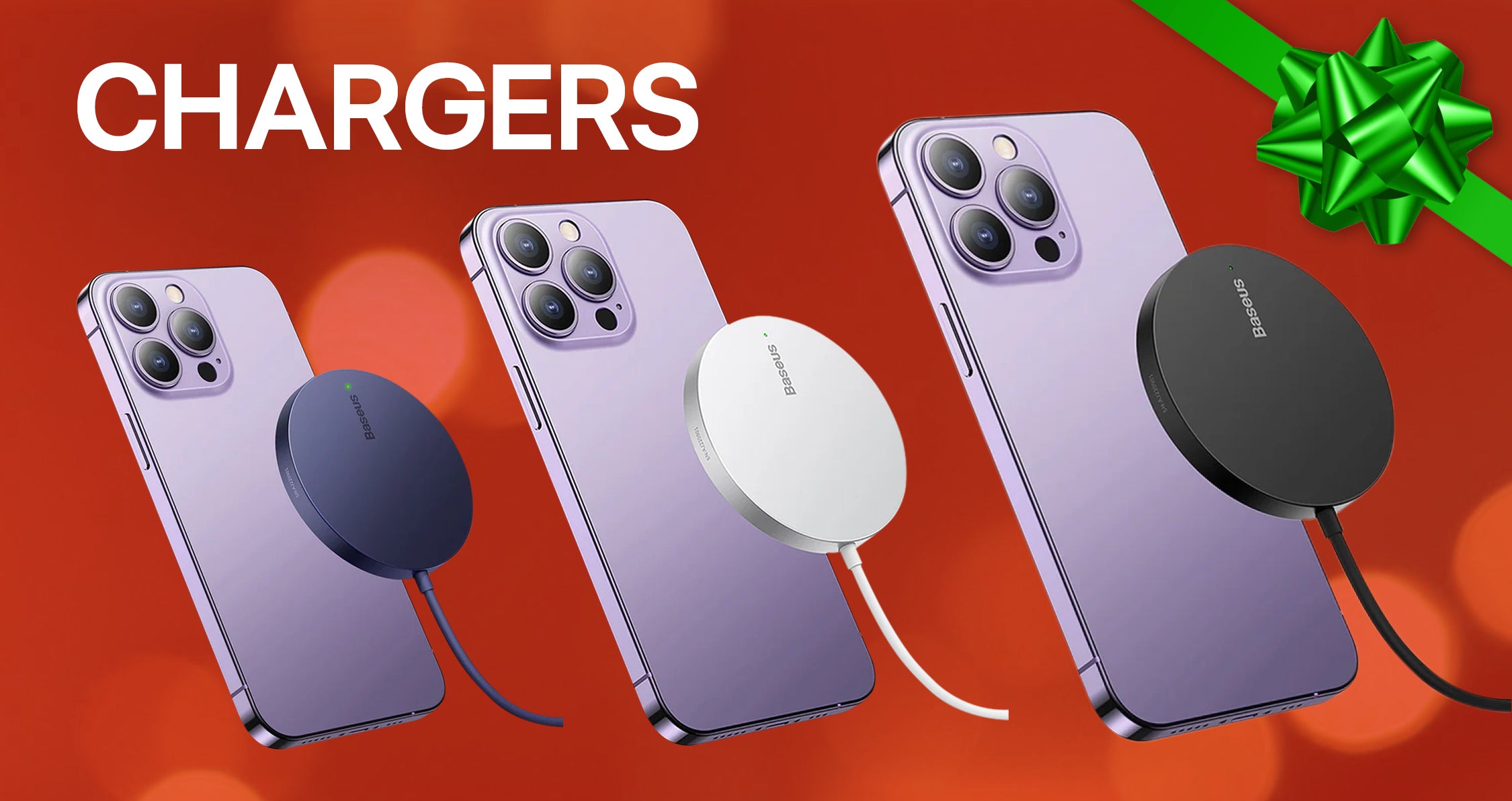Three smartphones with different charging accessories on a red background with a green bow.
