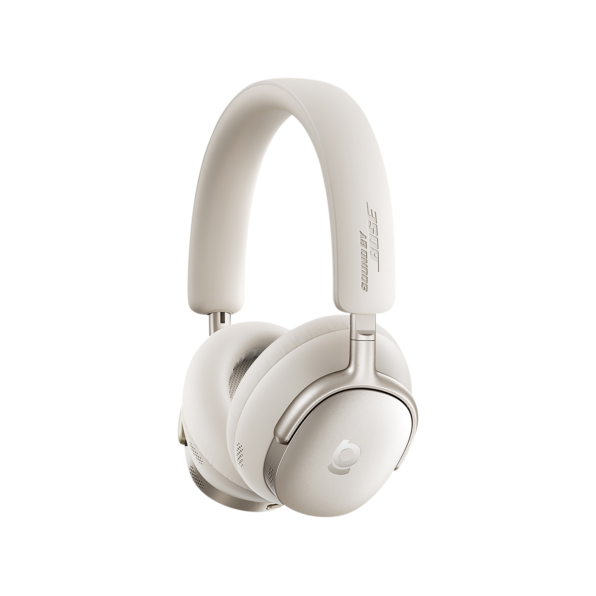 White headphones with brand logo on a white background