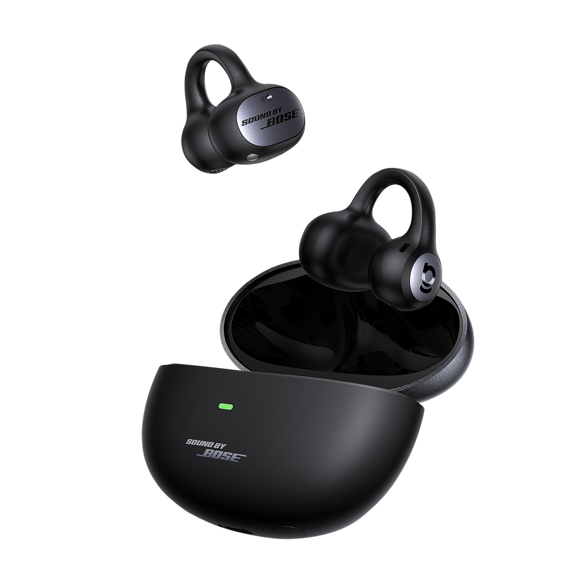 Black wireless earbuds with charging case on a white background, featuring Bose branding.