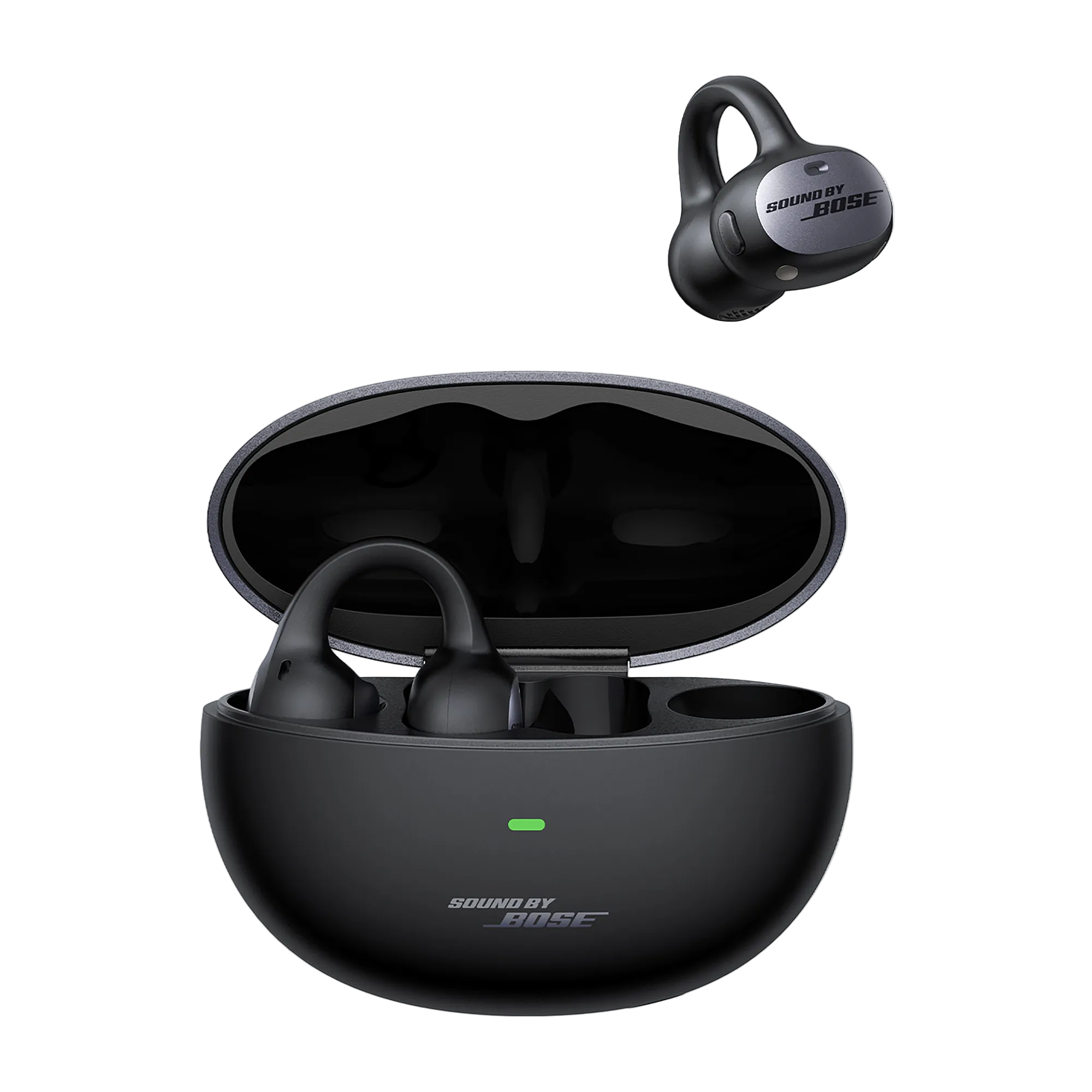 Black Bose wireless earbuds with charging case on a white background