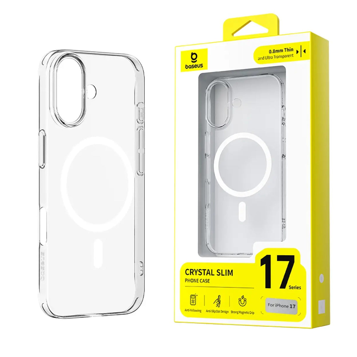 A clear MagSafe-compatible phone case shown next to its yellow and white Bopunka retail packaging box, designed for an iPhone 17.
