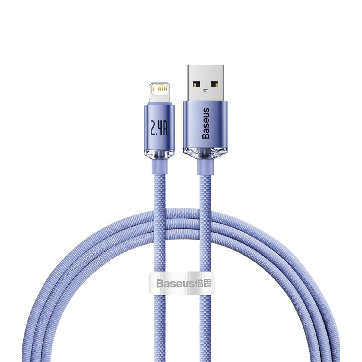 A light purple/lavender USB-A to Lightning cable by Baseus, coiled on a white background. The cable has a textured, braided appearance and features a clear protective cap on the connectors with the 'Baseus' brand name printed on them.