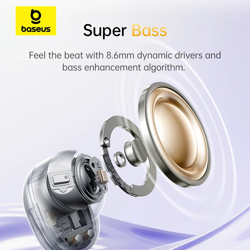 Baseus earbud with 8.6mm dynamic driver and bass enhancement algorithm on a light purple background