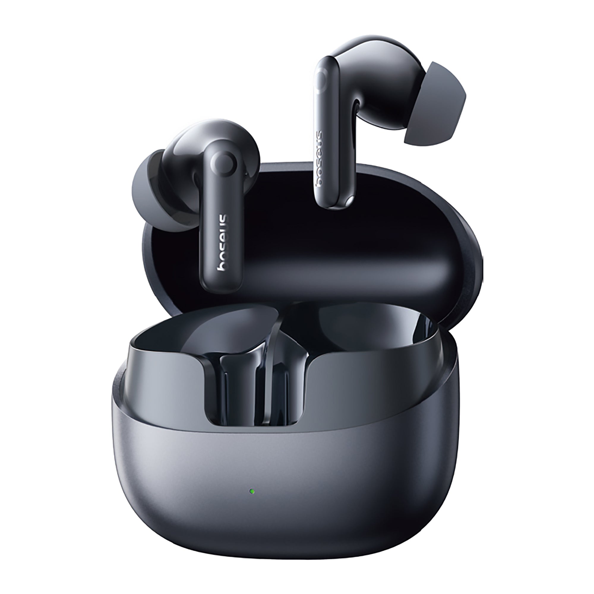 Black wireless earbuds with charging case on a white background