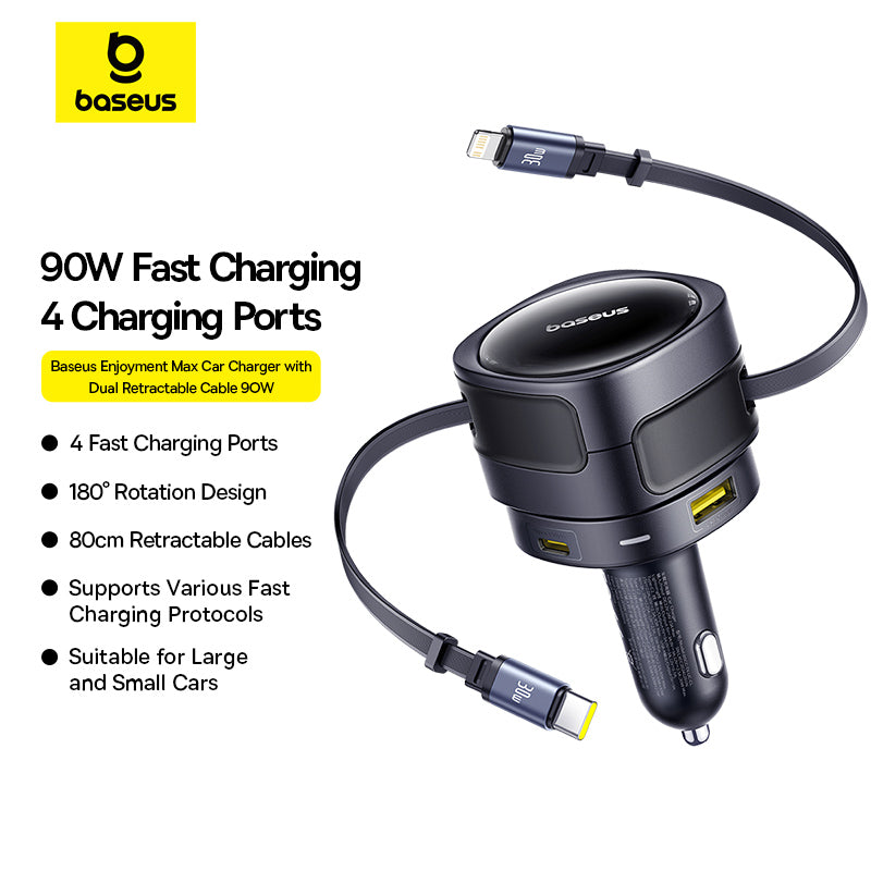 Baseus 90W fast charging car charger with four charging ports on a white background