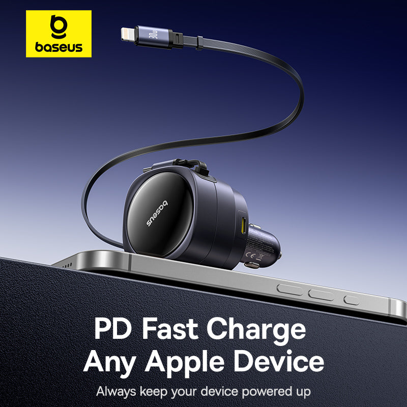 Baseus charging cable with a headphone on a smartphone, promoting PD fast charge for Apple devices.