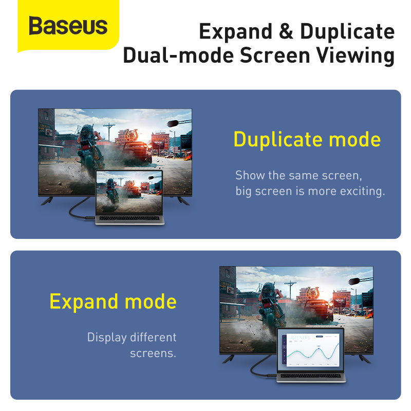 Baseus advertisement for expand and duplicate dual-mode screen viewing with two screens showing different modes.