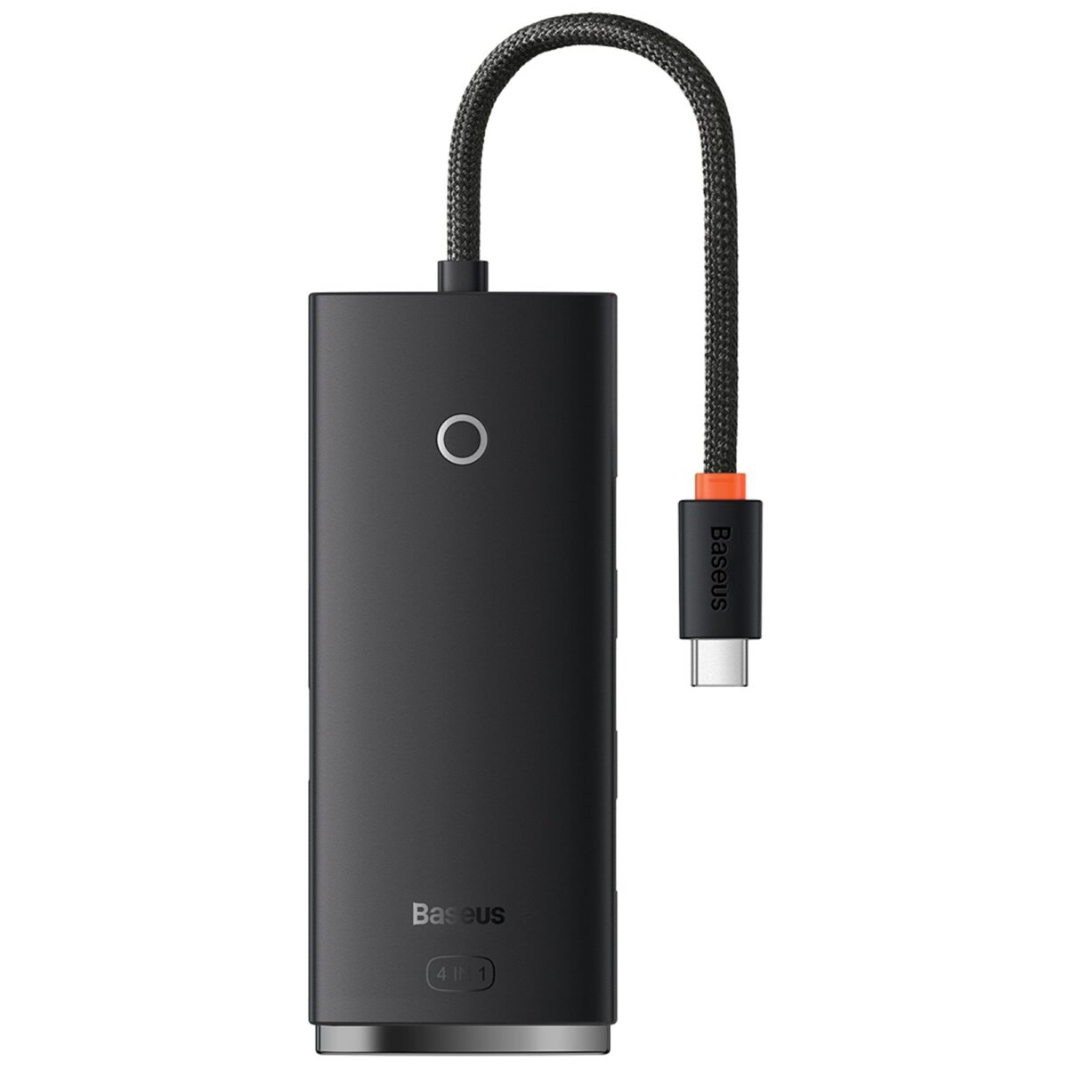 A black 4K USB-C portable power bank by Baseus, featuring a matching braided USB-C cable with an orange accent ring and a black USB-C connector, shown on a solid white background.