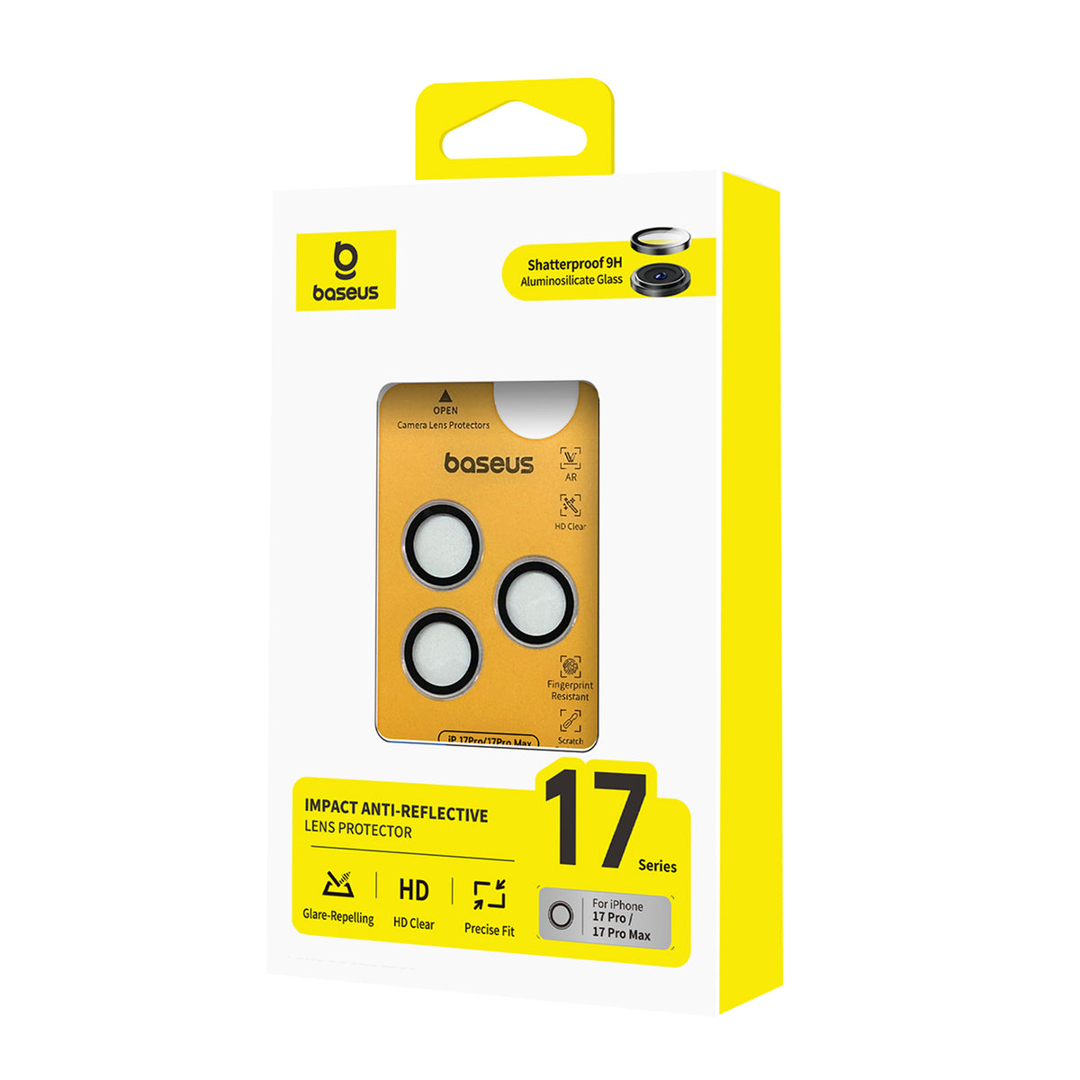 Baseus 17 Series impact anti-reflective lens protector in its original retail packaging, featuring a white box with bright yellow accents and a clear window displaying the gold camera lens protector.