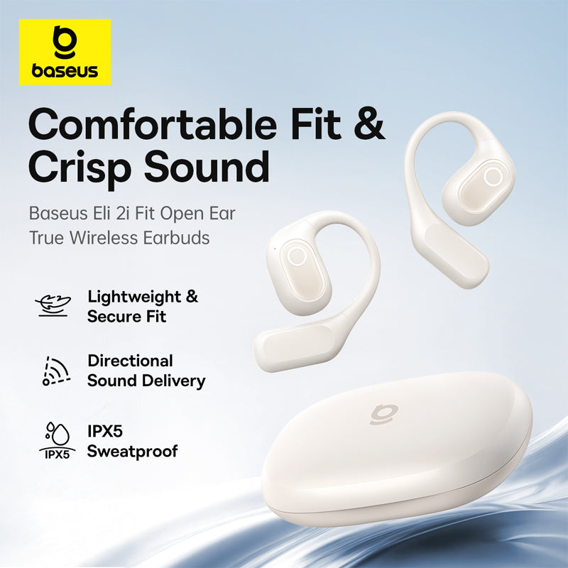 Baseus Comfortable Fit & Crisp Sound promotional graphic showing two white true wireless earbuds and a matching charging case on a light blue background with product feature text.