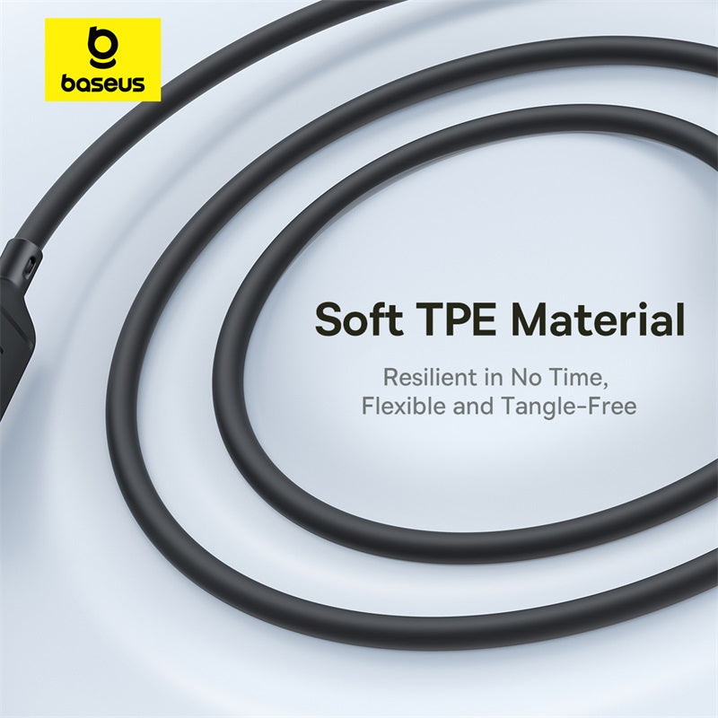 A coiled black USB cable on a light gray background with the Baseus logo in the top-left corner and text reading 'Soft TPE Material' and 'Resilient in No Time, Flexible and Tangle-Free'.