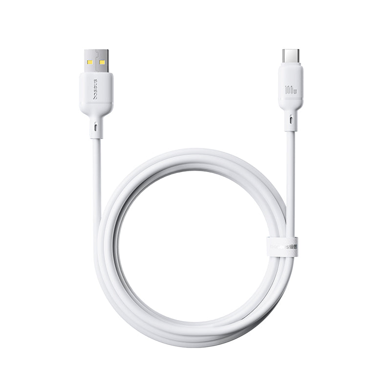 A white USB-C to USB-C charging cable coiled in a loop, featuring a USB-A connector on one end and a USB-C connector on the other, with a white cable tie in the center.