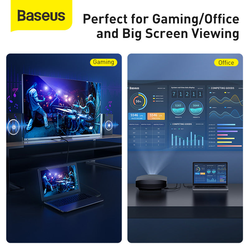 Baseus product display for gaming and office use with laptop, monitor, and projector.