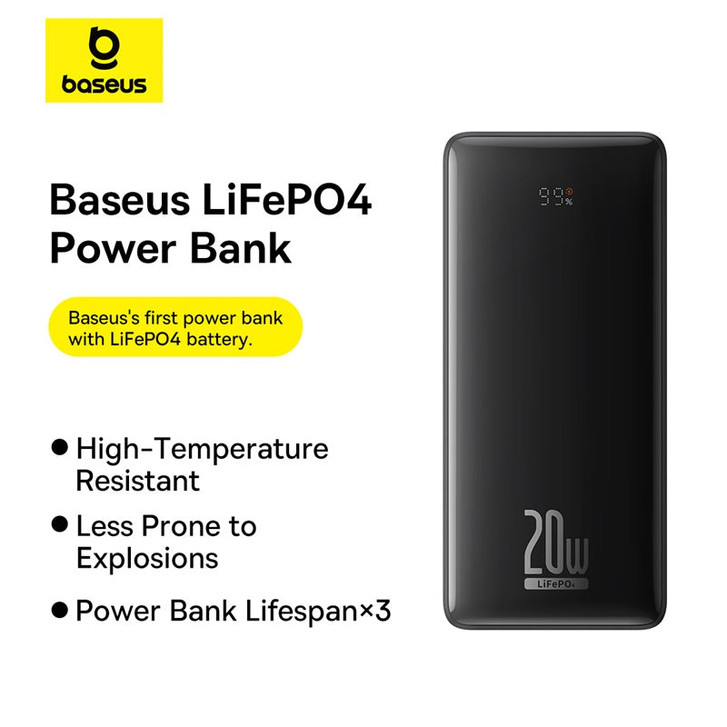 Baseus LiFePO4 Digital Display Power Bank 18400mAh 20W Cluster Black (With Simple Series Charging Cable USB to Type C 3A 0.3m Black)