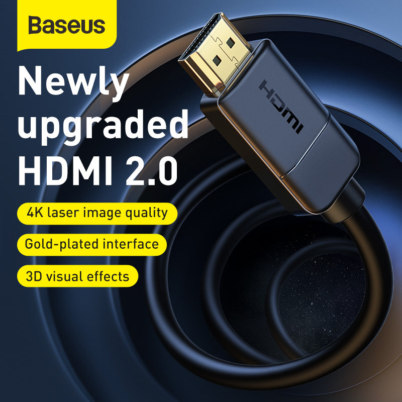 Baseus HDMI 2.0 cable with a gold-plated connector, shown against a dark blue coiled cable background with promotional text.