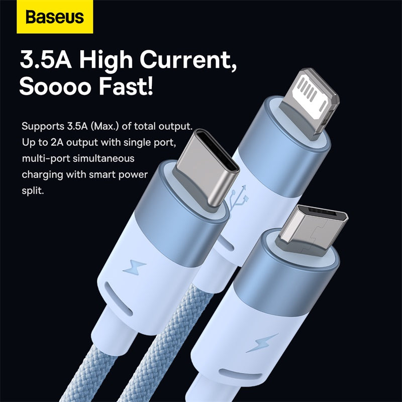 Three light blue and white Baseus charging cables with USB-C, Lightning, and USB-A connectors, shown on a dark background with promotional text about 3.5A high current fast charging.