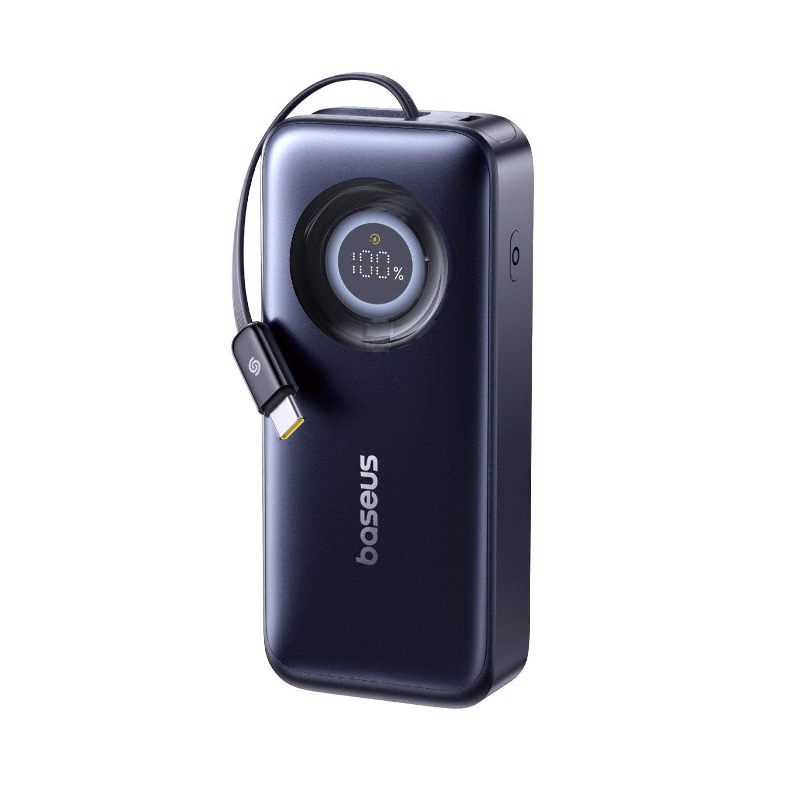 Baseus EnerCore CR11 Power Bank Retractable Cable 20000mAh 67W front view with display cosmic black on white background
