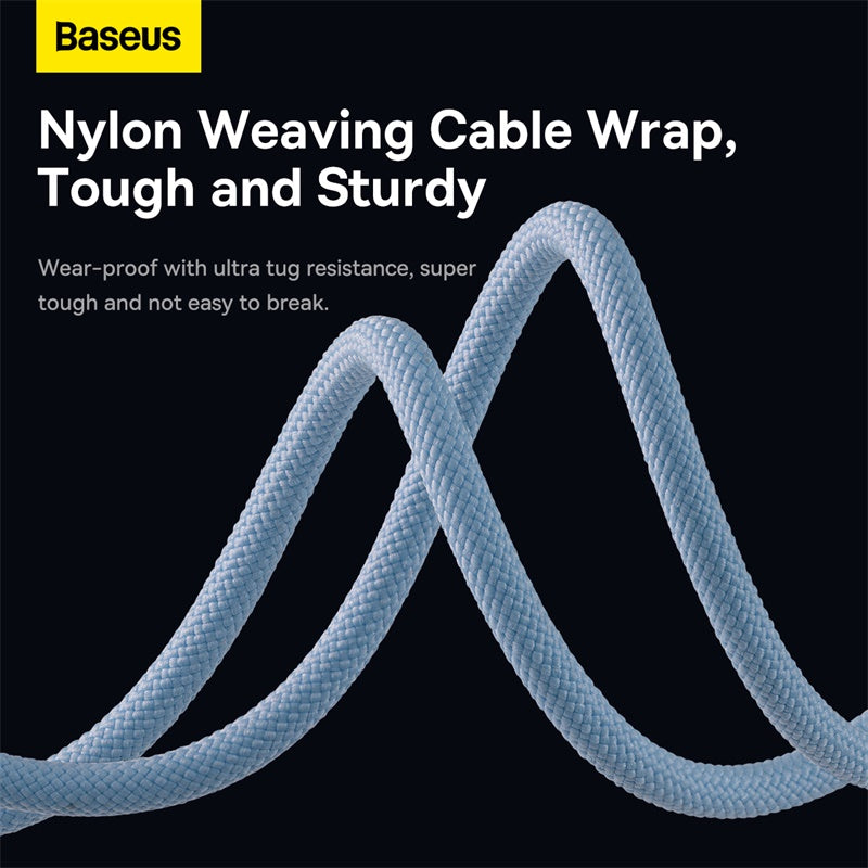 Baseus branded promotional graphic showing a light blue woven nylon cable wrap against a black background with white text describing its toughness.