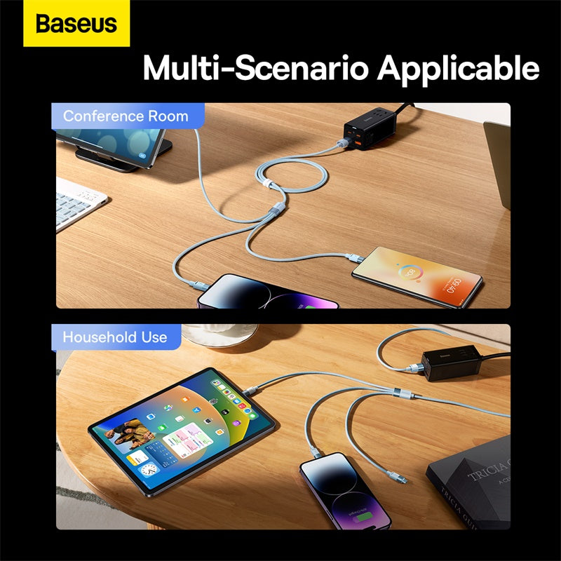 Baseus multi-scenario charging cable demonstration on a wooden table.