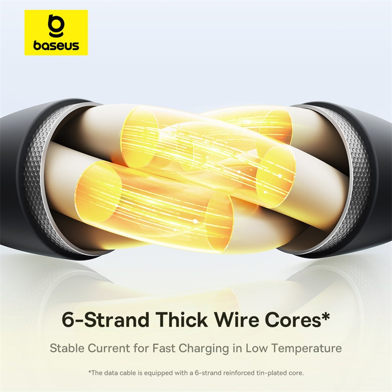 Baseus data cable with 6-strand thick wire cores on a light gray background
