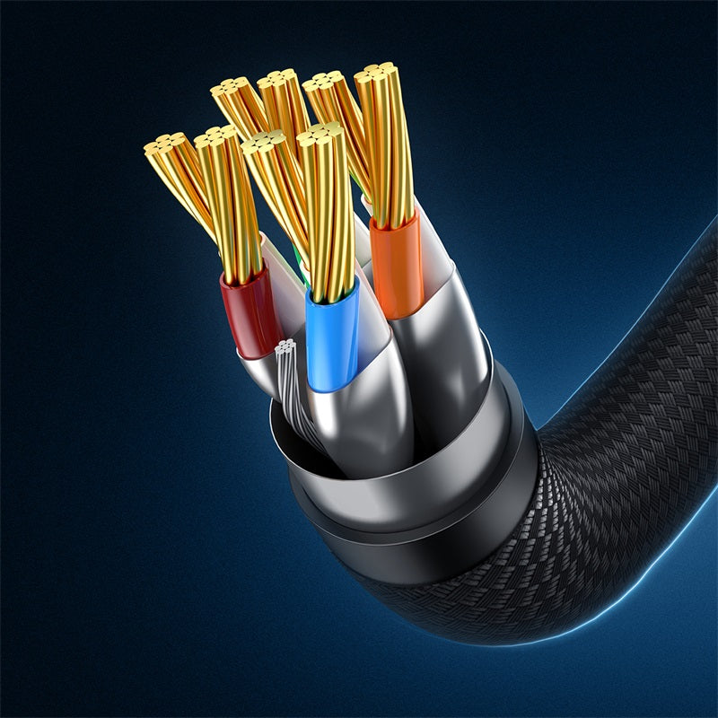 Close-up of a multi-core industrial cable with exposed gold-toned copper wires, colored red, blue, and orange insulation, a black braided outer jacket, and a metallic silver inner sheath against a dark blue gradient background.