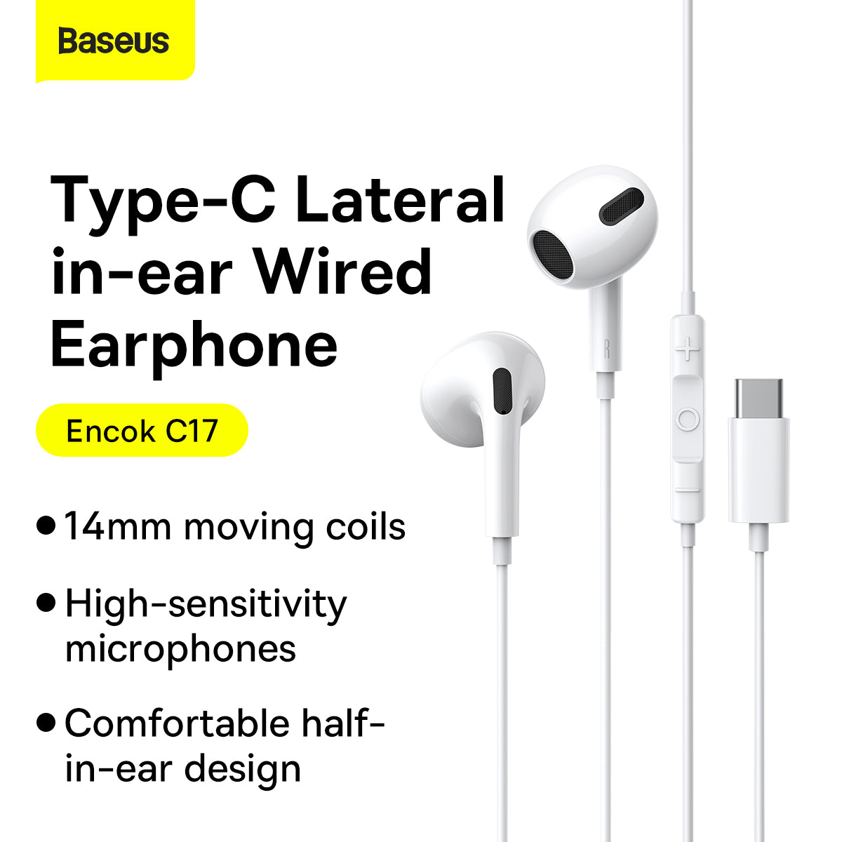 Baseus C17 Encok Type C Lateral In-Ear Wired Earphone with Remote White