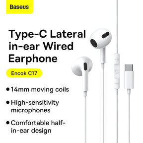 Baseus C17 Encok Type C Lateral In-Ear Wired Earphone with Remote White